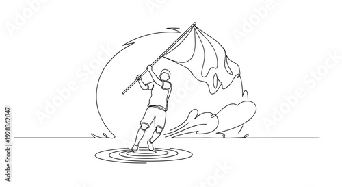 A continuous single line drawing of a triumphant person running and waving a large flag, representing victory and celebration, isolated on a white background.