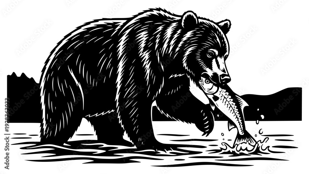 Fototapeta premium te illustration of a bear with a fish in its mouth, bear, black, brown, brown bear, catch, drawing, fish, illustration, image, mouth, salmon, stand, trout, water, white, against transparent background