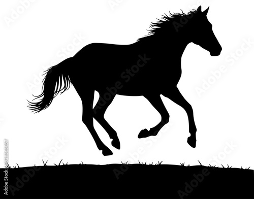 A silhouette of a horse galloping on a hill, black, grass, grassy, hill, horse, plain, profile, run, against transparent background