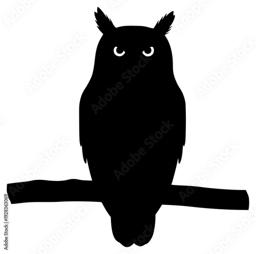 A black silhouette of an owl sitting on a branch, black, branch, limb, owl, perch, profile, sit, tree branch, against transparent background