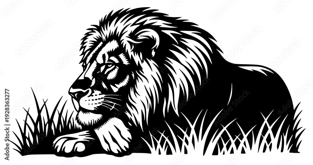 Obraz premium A black and white silhouette of a lion resting in the grass, black, floor, grass, illustration, lay, lion, mane, profile, white, against transparent background