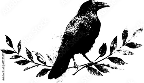Raven perched on laurel wreath - vintage black and white ink design for artistic decoration