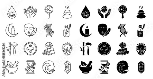 Wellness and Holistic Skincare Icon Set Featuring Hybrid Symbols Like Hourglass Rose and Lotus Water Drop in Linear and Solid Minimalist Style