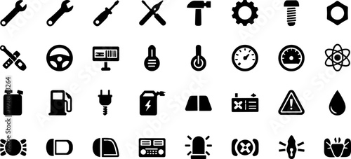 Automotive and mechanical icon set vector illustration featuring 40 black silhouettes of tools, dashboard indicators, and vehicle parts