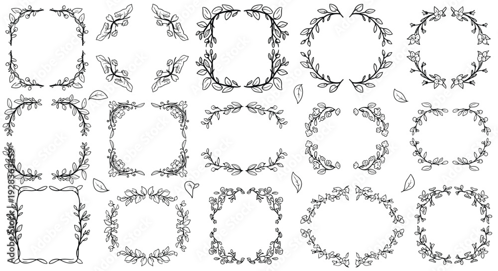 Obraz premium A versatile set of hand-drawn doodle frames, corners, and borders made from leafy branches in various shapes on a white background.