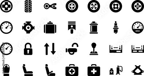 Automotive icon set vector illustration featuring car parts, dashboard indicators, tools, and maintenance symbols in black silhouette style