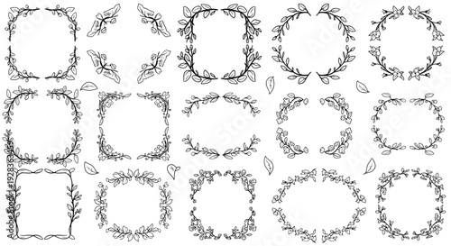 A versatile set of hand-drawn doodle frames, corners, and borders made from leafy branches in various shapes on a white background.