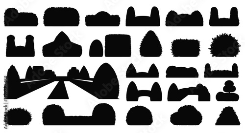 A large collection of black silhouettes depicting various shapes of topiary bushes, hedges, and garden elements for landscape design.
