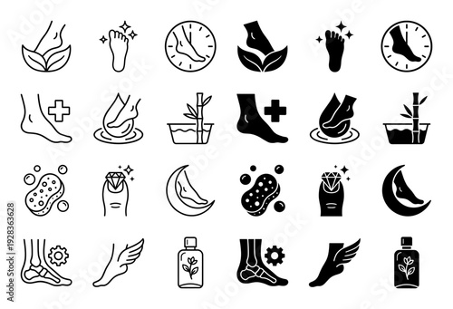 Foot care and podiatry icons featuring hybrid symbols merging anatomy with nature bamboo leaves and clock elements for spa wellness and orthopedic health