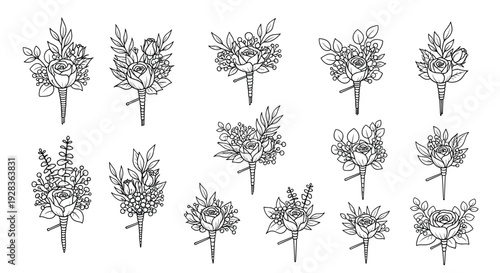 A collection of fifteen delicate line art illustrations of floral boutonnieres is arranged on a plain white background.