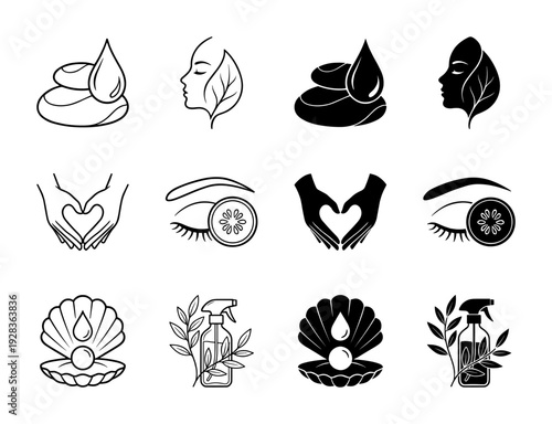 Minimalist beauty and wellness icon set featuring hybrid designs of organic leaves with facial silhouettes and massage stones with oil drops