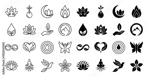 Collection of holistic hybrid icons combining human meditation poses with organic elements like lotus flowers leaves fire water drops and soaring birds