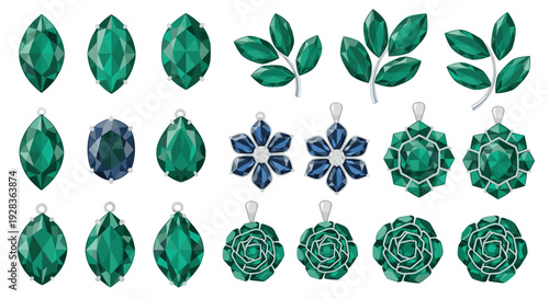 A comprehensive set of isolated vector illustrations featuring various green gemstone cuts and ornate jewelry designs like flowers and leaves on a white background.