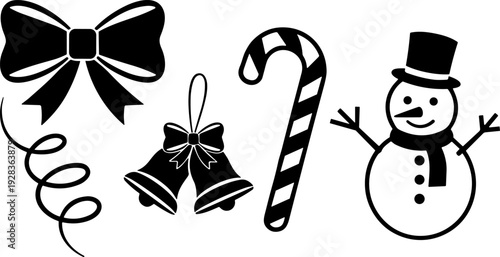 Christmas silhouette icon set vector illustration featuring ribbon, bow, jingle bells, candy cane, and snowman festive designs