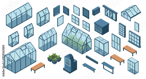 An isometric vector collection of various greenhouse structures, garden furniture, and planting equipment isolated on a plain white background for design projects.