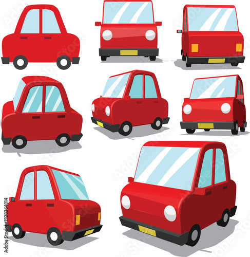 A collection of eight cartoon-style red cars, each depicted from different angles and perspectives. The cars have exaggerated, rounded shapes and large windows, creating a whimsical look.
