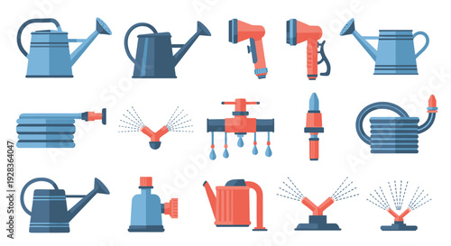 A set of fifteen flat design vector icons showing various garden watering tools, including cans, hoses, sprinklers, and nozzles, isolated on a white background.