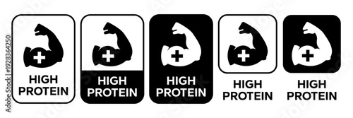 Strong hand black line icon set. Muscle arm logo, label, badge, symbol, strength, bicep, power, high, protein, man, flex, strong bone calcium, human body concept. Vector illustration.