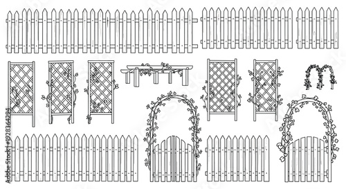 A set of black line art illustrations of garden fences, trellises, and arched gates, some with vines, on a plain background.