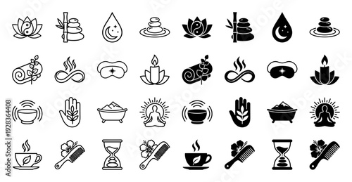 Wellness and holistic health icon set featuring hybrid symbols like lotus yin yang zen stone bamboo and meditation silhouette in outline and solid style