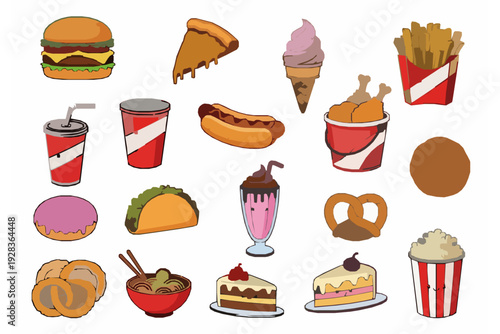 Colorful fast food and desserts illustration set
