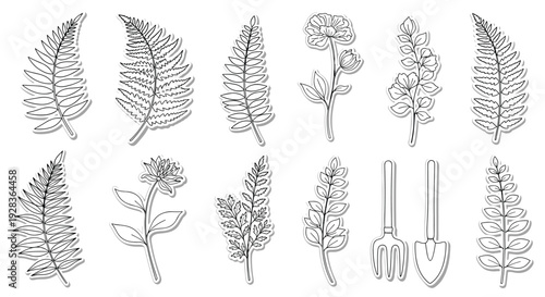 A set of thirteen black and white botanical and gardening tool illustrations, including ferns, flowers, a spade, and a fork, are designed as stickers with white borders on an isolated background.