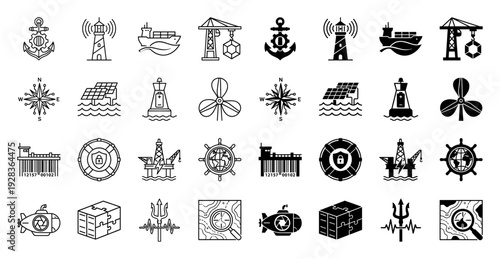 Collection of hybrid maritime and industrial icons merging nautical symbols with modern logistics and renewable energy concepts in outline and solid styles