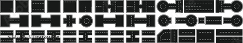 Road intersection vector illustration, collection of straight, curved, T-junction, cross, roundabout, and varied traffic lane designs for mapping