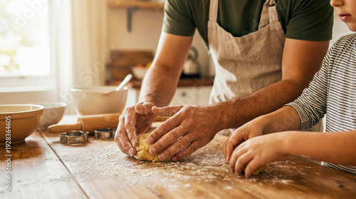 Wallpaper Mural Hispanic American father and son kneading dough while preparing a tower, loving family on Sunday morning, cookie dough, concept of family happiness and inner life Torontodigital.ca