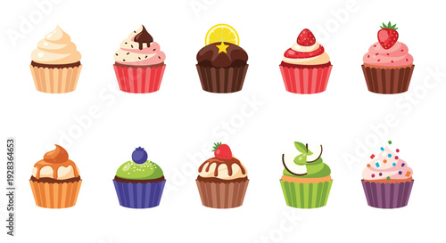 A colorful collection of ten delicious cupcakes with various frostings and toppings like fruit, chocolate, and sprinkles is illustrated in a charming flat cartoon style against a white background.