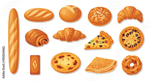A delicious assortment of thirteen freshly baked goods, including a baguette, croissants, loaves, and sweet pastries, is illustrated in a realistic, glossy cartoon style on a white background.