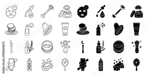 Skincare and beauty ritual icon set featuring hybrid symbols like sheet masks with timers and serum bottles with DNA and lavender motifs