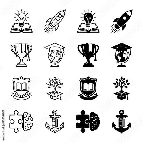 Education and knowledge hybrid icon set featuring conceptual metaphors like book lightbulb rocket pencil globe mortarboard and brain puzzle