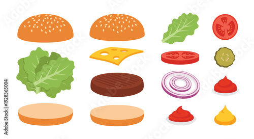 A deconstructed hamburger with fourteen separate ingredients, including bun, patty, cheese, and vegetables, ready for assembly in a flat vector illustration style.