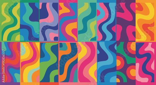 Vibrant Retro Wavy Abstract Pattern with Colorful Geometric Shapes and Organic Forms