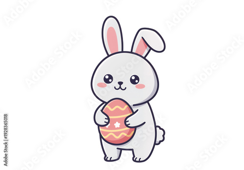 White bunny holding pink Easter egg isolated on a transparent background