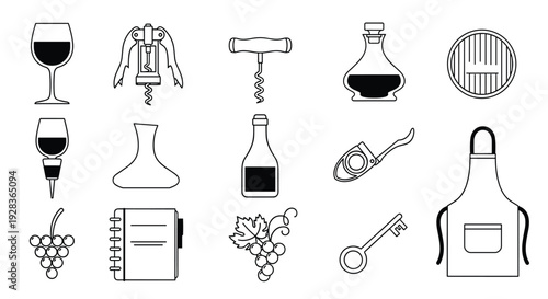 A comprehensive set of black and white line art icons related to wine tasting and winemaking, including glassware, tools, and accessories for a sommelier.