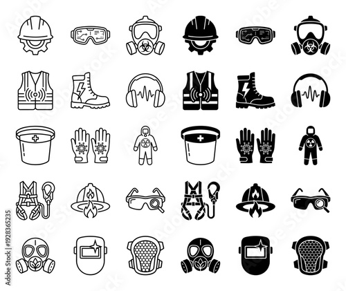 Professional safety equipment and personal protective gear icons featuring hybrid industrial symbols for advanced workplace security and health
