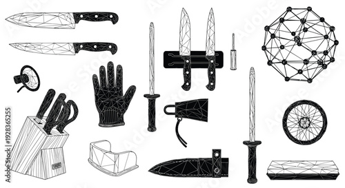 A set of professional kitchen knives and butcher equipment illustrated in a modern, black polygonal wireframe style, isolated on a white background.
