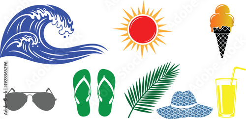 Summer icons, including a sun with a wave, ice cream, and beach accessories