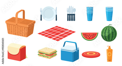 A vibrant collection of essential summer picnic items, including a wicker basket, food, and recreational objects, presented as flat icons on a white background.