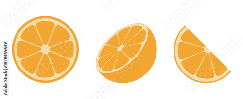 Orange Slices, Citrus Fruit Vector Icons, Round, Half and Slice, Juice and Vitamin C, Flat Illustration, Isolated