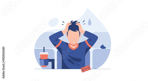A vector illustration of a frustrated sports fan or moviegoer clutching his head in despair while sitting in a blue stadium seat.
