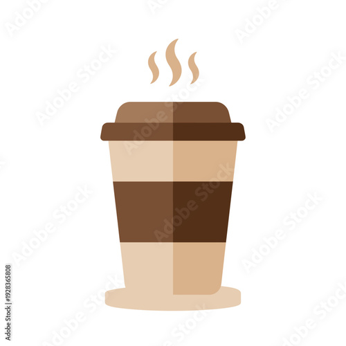 Flat design disposable coffee cup illustration with steam, lid, brown & beige bands, on saucer - modern minimalist vector graphic