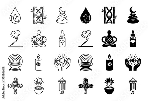 Wellness and spirituality icon set featuring hybrid symbols like DNA bamboo infinity meditator and incense heart in line and solid styles