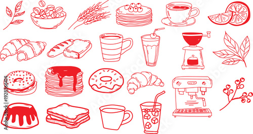 Collection of charming hand drawn red line art icons featuring various delightful desserts like ice cream sundaes fruit tarts and refreshing beverages perfect for cafe menus or sweet treat illustratio