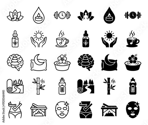 Wellness and holistic health icon set featuring hybrid symbols merging meditation yoga nature and spa elements in outline and solid glyph styles