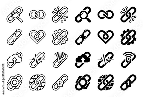 Set of hybrid link icons merging chain symbols with search magnifying glass infinity heart bolt gear cloud pulse signal globe and lock metaphors