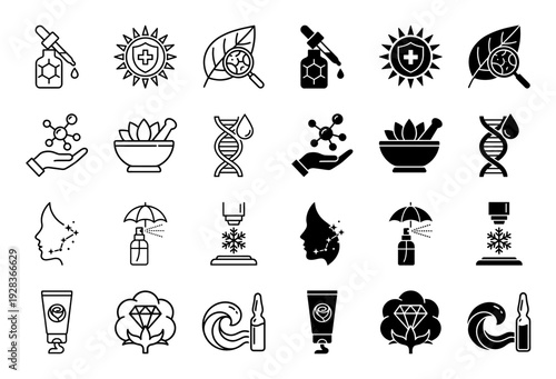 Skincare and dermatology icons featuring hybrid medical symbols such as a DNA strand with water drop and a cooling laser with snowflake motif