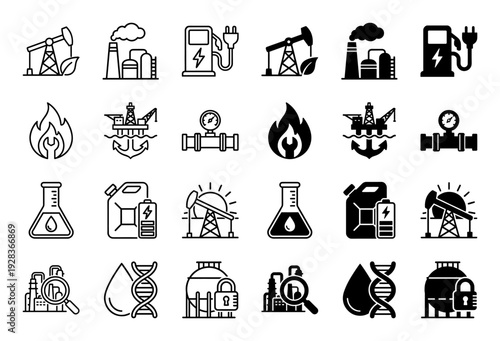 Professional industrial energy and petroleum icon set featuring hybrid designs merging fuel production symbols with renewable green energy concepts